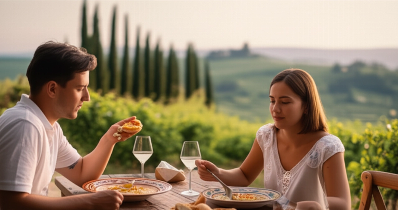 Pareja caucásica compartiendo un plato de Risi E Bisi en una mesa al aire libre en una villa italiana, con luz suave y un fondo de viñedos.