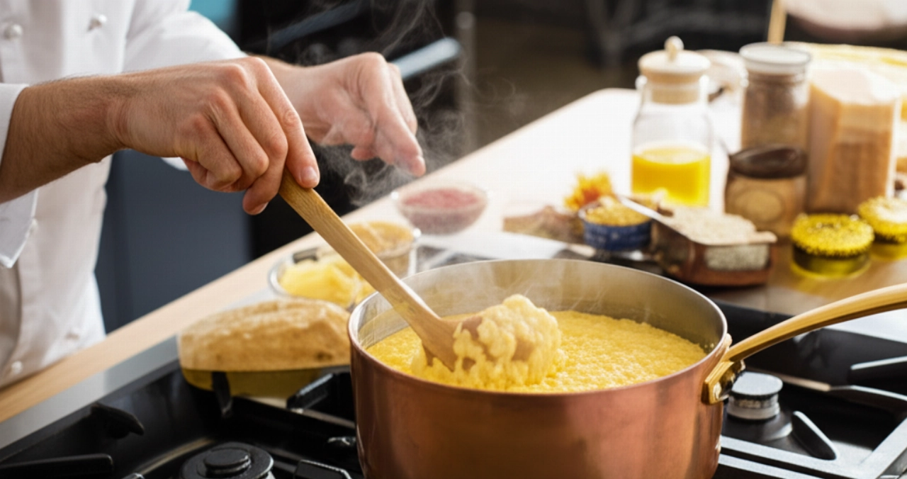 Manos hiperrealistas de un chef caucásico mezclando con pericia un risotto a la milanesa en una olla de cobre, con vapor ascendente e ingredientes visibles en una cocina moderna.