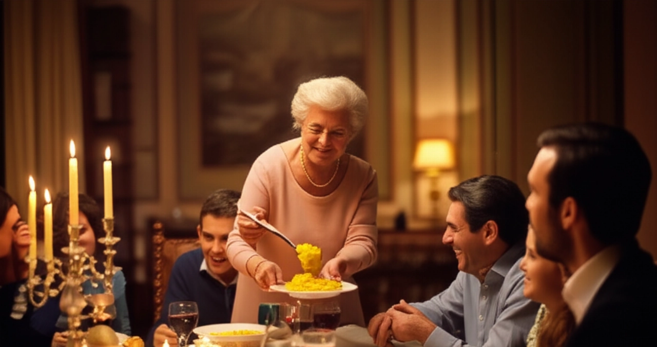 Escena hiperrealista de una abuela caucásica sirviendo con amor risotto a la milanesa a una familia reunida alrededor de una mesa, en una atmósfera cálida y alegre.