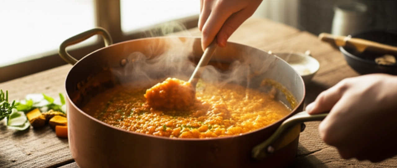 Mani caucasiche mescolano risotto alla zucca in una pentola di rame su un bancone di legno rustico, con vapore che sale e luce naturale che entra da una finestra.