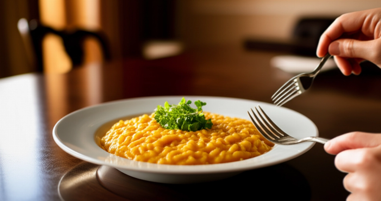 Piatto di risotto alla zucca impiattato elegantemente su un tavolo di legno scuro, con una mano caucasica che si protende per afferrare una forchetta, in un ambiente caldo e invitante.