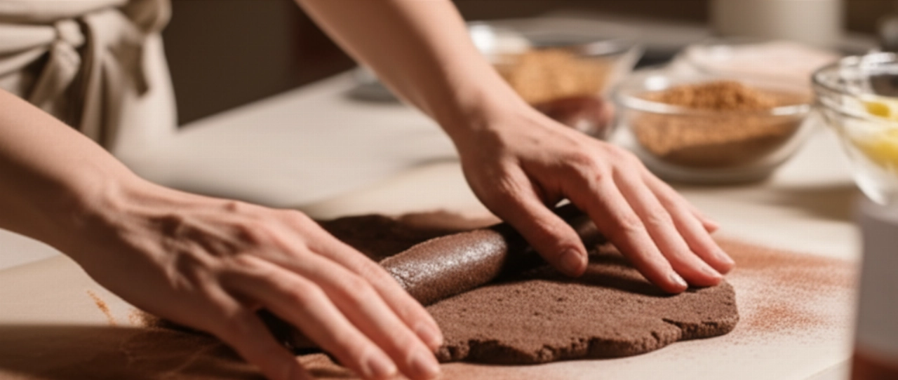 Mani caucasiche che arrotolano l'impasto del Salame di Cioccolato su carta forno, con ingredienti sfocati sullo sfondo in una cucina accogliente.