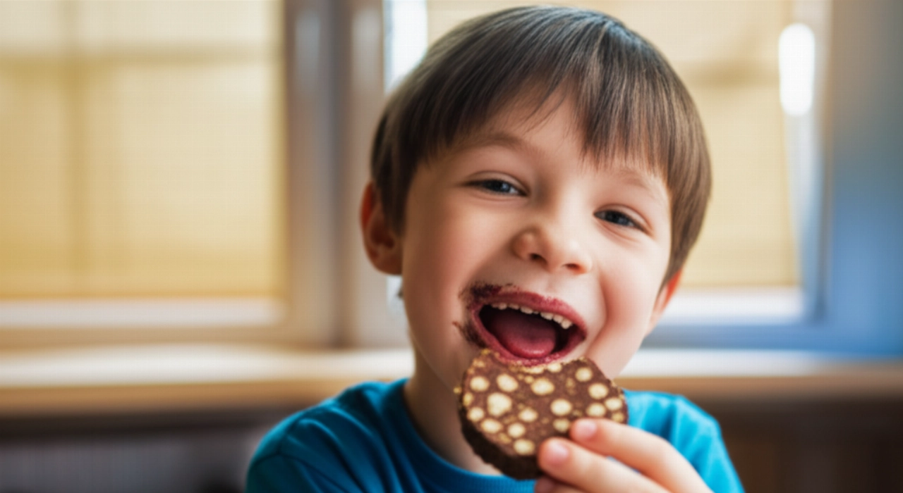Bambino caucasico che addenta con gioia una fetta di Salame di Cioccolato, seduto a un tavolo da cucina illuminato dal sole pomeridiano.