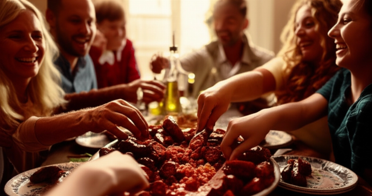 Escena hiperrealista de amigos y familiares caucásicos compartiendo alegremente un gran plato de salchicha y friarielli en una mesa en un ambiente hogareño italiano, con una atmósfera cálida y convivencial.