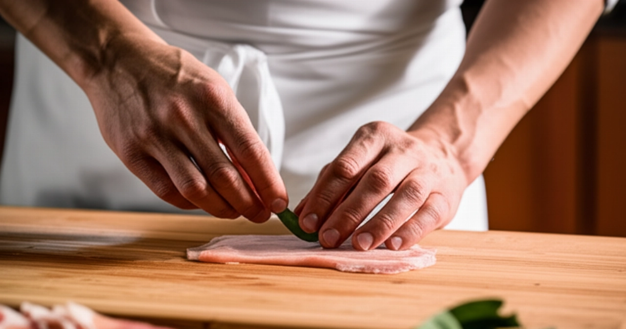 Mani di uno chef caucasico mentre preparano Saltimbocca alla Romana, posizionando una foglia di salvia su una scaloppina di vitello con prosciutto su un tagliere di legno.