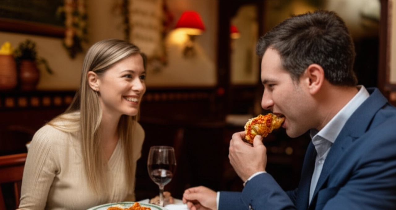 Una coppia caucasica sorridente che condivide un piatto di Saltimbocca alla Romana in un accogliente ristorante italiano, con un'atmosfera calda e luci soffuse.