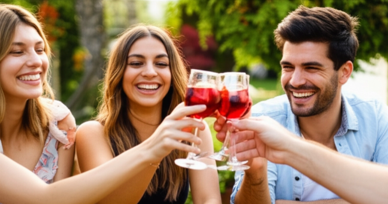 Un gruppo di amici caucasici brinda con bicchieri di sangria su una terrazza soleggiata, in un'atmosfera di gioia e relax estivo.