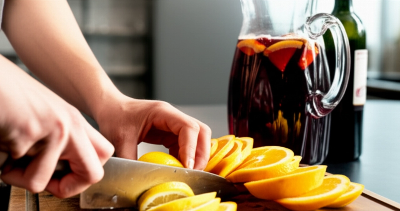 Mani caucasiche che affettano frutta fresca su un tagliere di legno, preparando gli ingredienti per una brocca di sangria, con una bottiglia di vino rosso sullo sfondo.