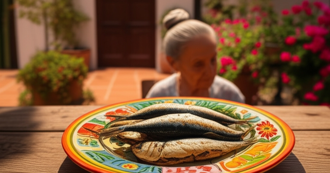 Sardinas a la beccafico servidas en un plato tradicional en una cocina siciliana bañada por el sol, con una figura caucásica borrosa al fondo.
