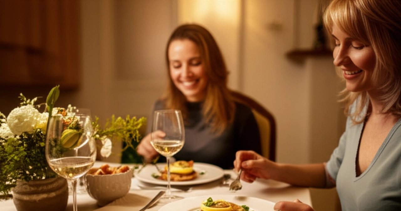 Ein kaukasisches Paar (oder kleine Familie) speist an einem gemütlichen Tisch und genießt Zitronen-Scaloppine in einer warmen und entspannten Atmosphäre.