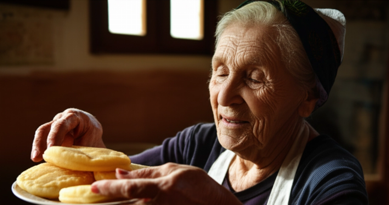 Una abuela sarda sonriente, caucásica, sirviendo una Seadas recién frita en una cocina tradicional, con luz natural que crea una atmósfera cálida.