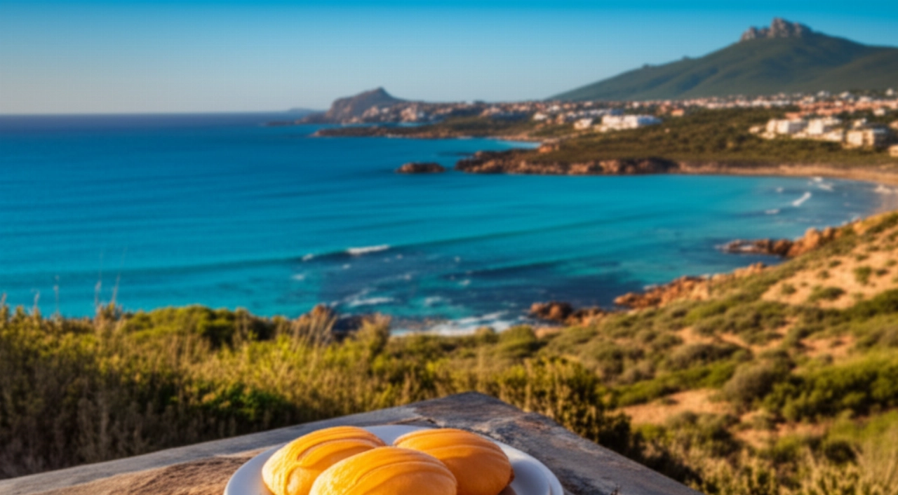 Plato de Seadas hiperrealista sobre una mesa de piedra, con un fondo impresionante de la costa sarda al atardecer, con aguas turquesas y vegetación mediterránea.