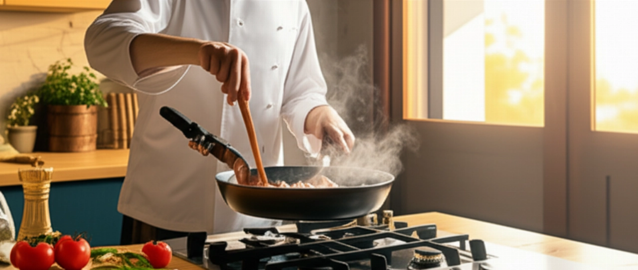 Un chef caucásico remueve Sepia con Guisantes en una sartén sobre una estufa de gas, en una cocina moderna y luminosa, con ingredientes frescos en la encimera.