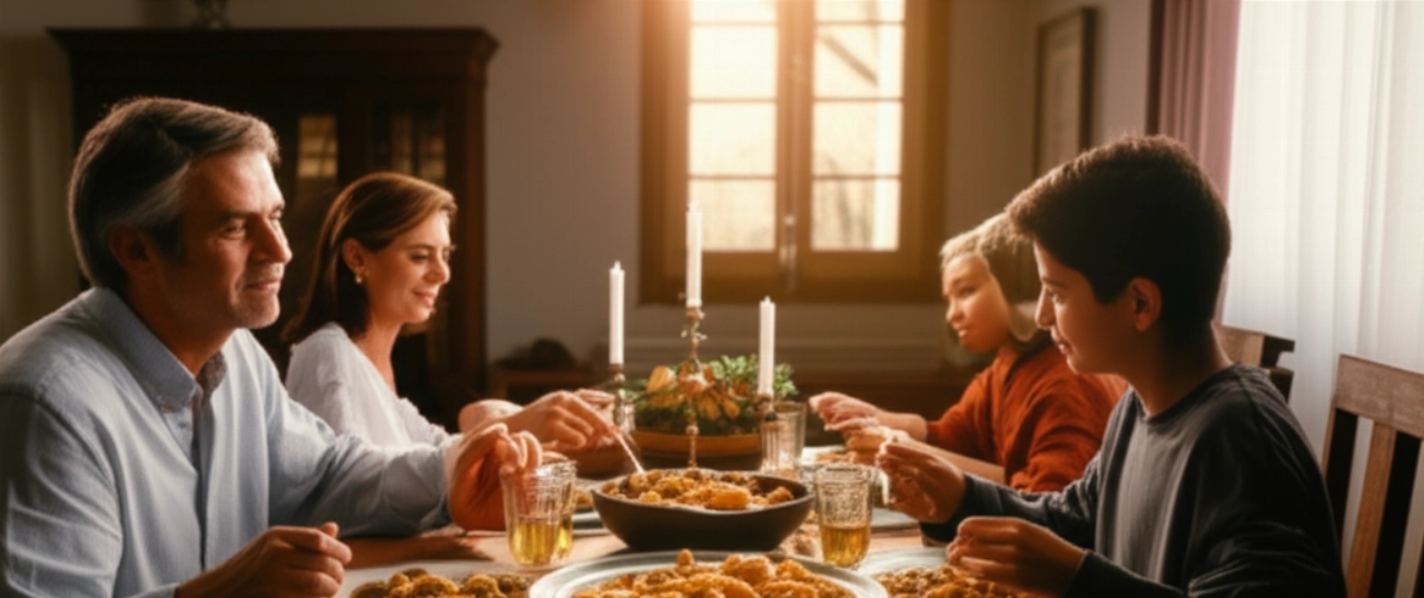 Una familia caucásica sonríe mientras disfruta de una comida de Sepia con Guisantes alrededor de una mesa de comedor de madera, en un ambiente cálido y acogedor.