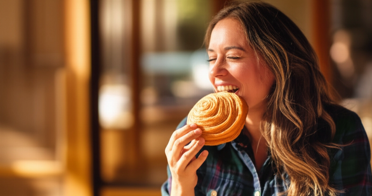 Mujer caucásica sonriente disfrutando de una sfogliatella riccia en un café italiano, con una sfogliatella frolla sobre la mesa. Imagen hiperrealista 16:9.