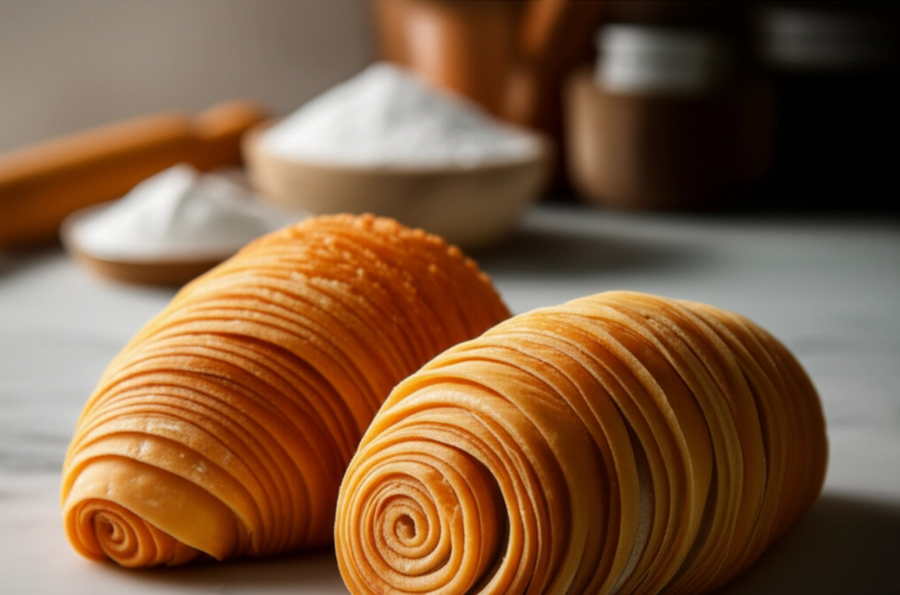 Composición artística hiperrealista 16:9 de sfogliatelle ricce y frolle sobre mármol, con un fondo de panadería difuminado.