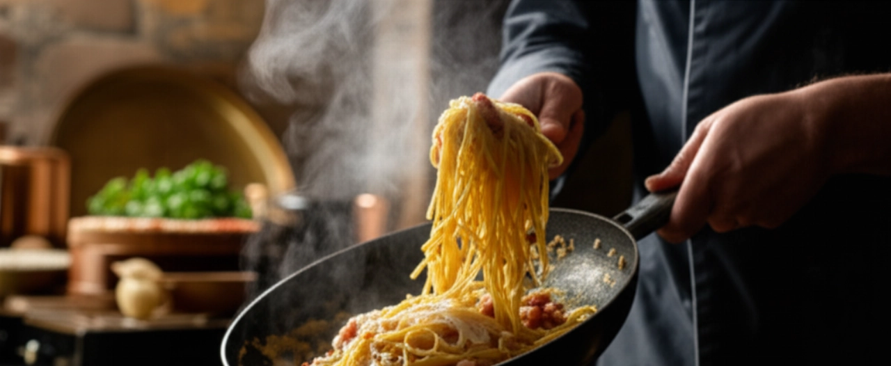 Mani di uno chef caucasico che mescolano sapientemente gli Spaghetti alla Carbonara in una padella, con vapore che sale in una cucina rustica.
