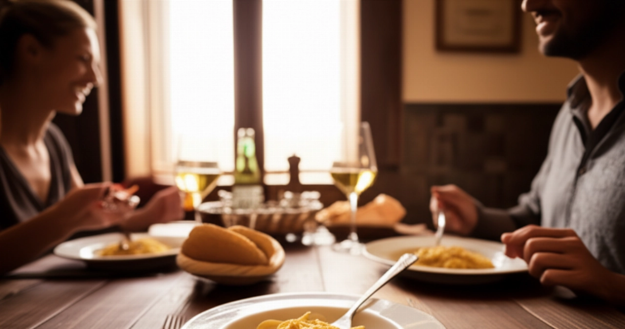 Una coppia caucasica sorridente che gusta gli Spaghetti alla Carbonara a un tavolo di legno in una trattoria italiana accogliente.