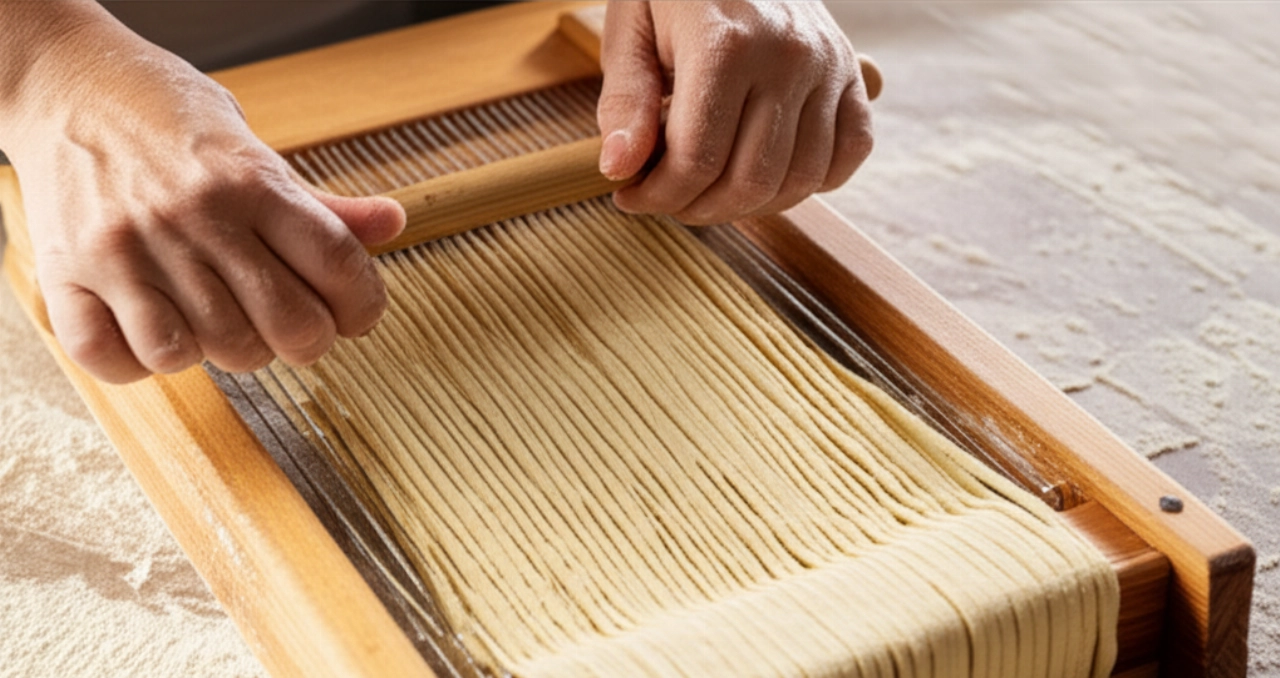 Caucasian hands preparing fresh spaghetti using the traditional 'chitarra' tool on a floured surface.