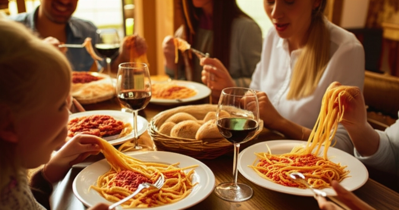 Caucasian people dining in a cozy atmosphere, enjoying Spaghetti Alla Chitarra dishes.