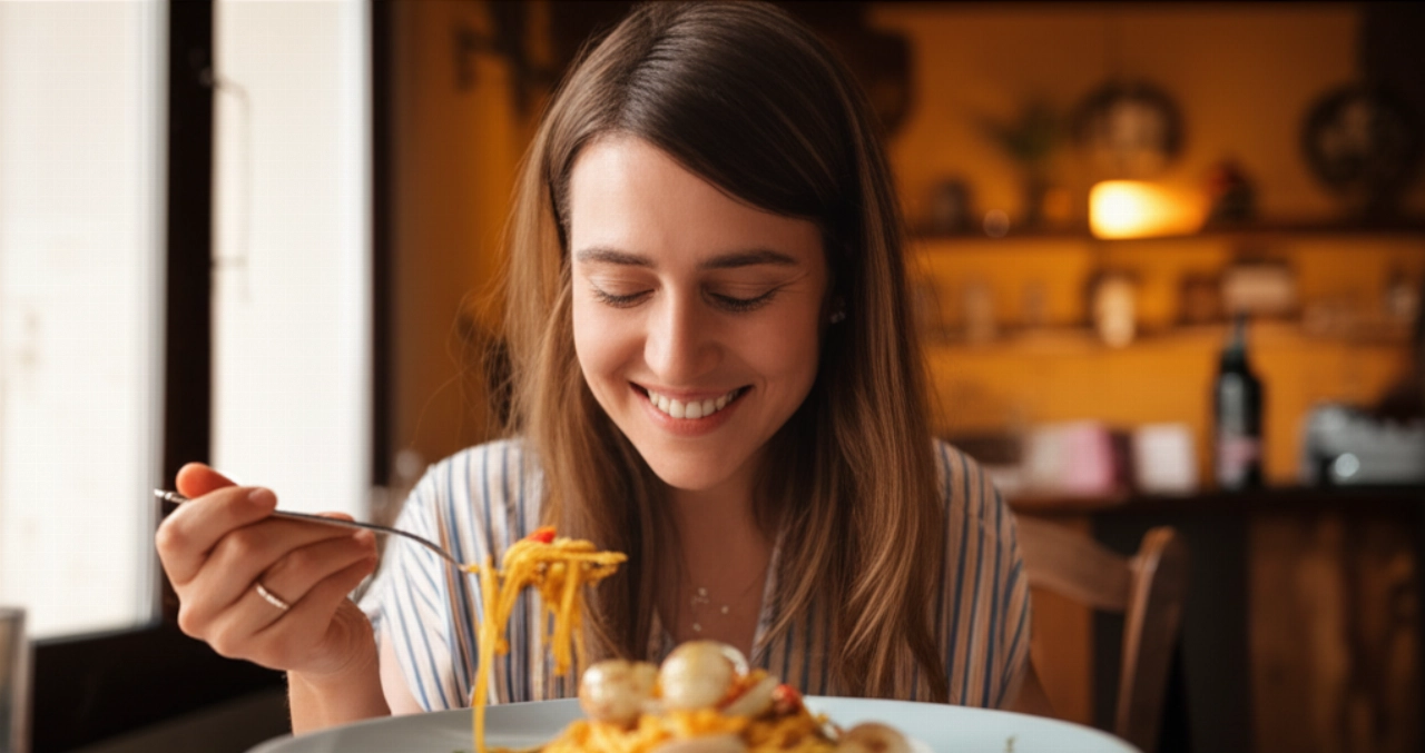 Una mujer caucásica sonriente disfruta de un plato de espaguetis con almejas en una trattoria italiana, iluminada por luz natural proveniente de una ventana.