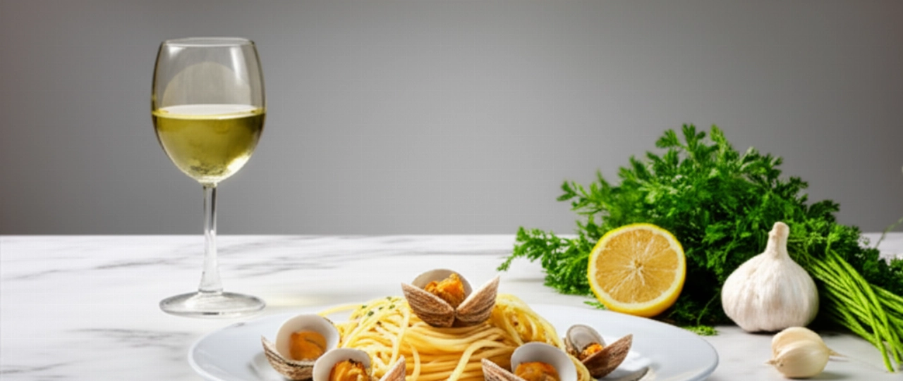 Composición hiperrealista de un plato de espaguetis con almejas sobre una superficie de mármol, acompañado de almejas frescas, perejil, ajo y limón, con una copa de vino blanco.