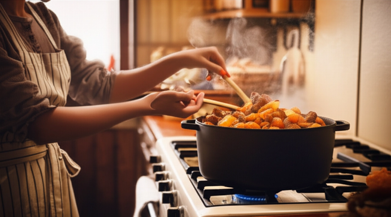 Hyperrealistic scene of a cozy kitchen with a Caucasian woman stirring a stew in a cast-iron pot.