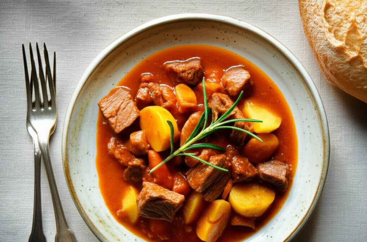 Hyperrealistic top-down view of a plate of stew with potatoes, garnished with fresh herbs on a table.