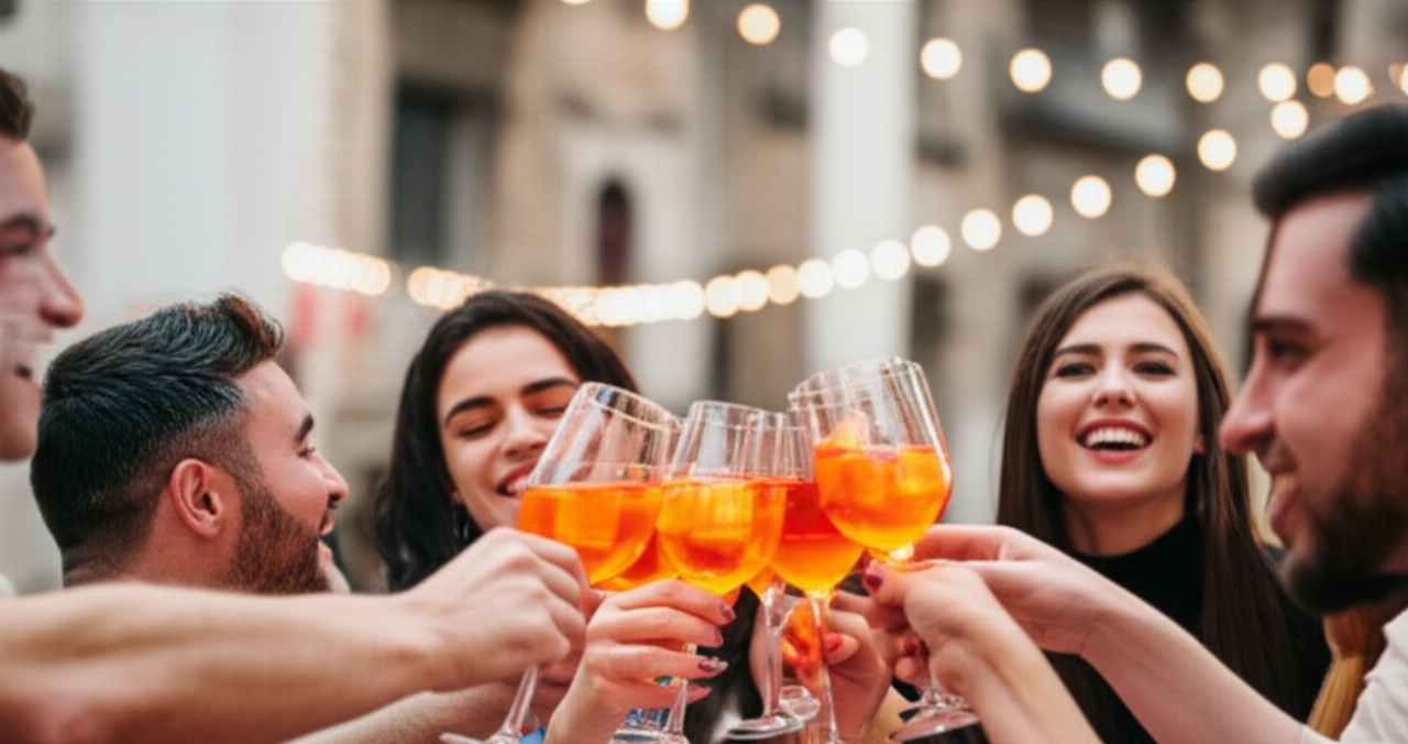 Un groupe d'amis caucasiens trinquant avec de l'Aperol Spritz sur une place italienne animée lors d'une chaude soirée.