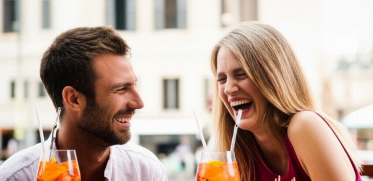 Due amici caucasici sorridono e brindano con Spritz Campari in un caffè all'aperto a Roma durante l'aperitivo, con sfondo sfocato della città.