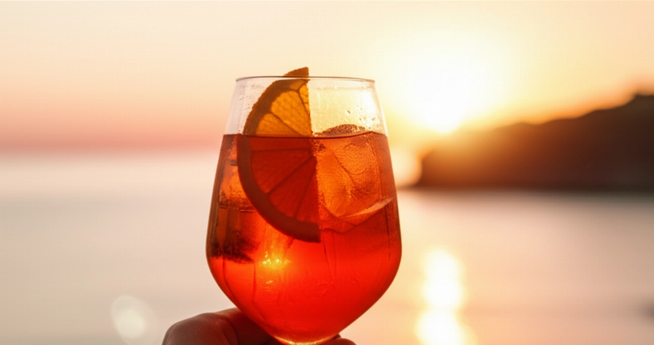 Un bicchiere di Spritz Campari, tenuto da una mano caucasica, risplende al tramonto sul mare Mediterraneo, con ghiaccio e fetta d'arancia in primo piano.