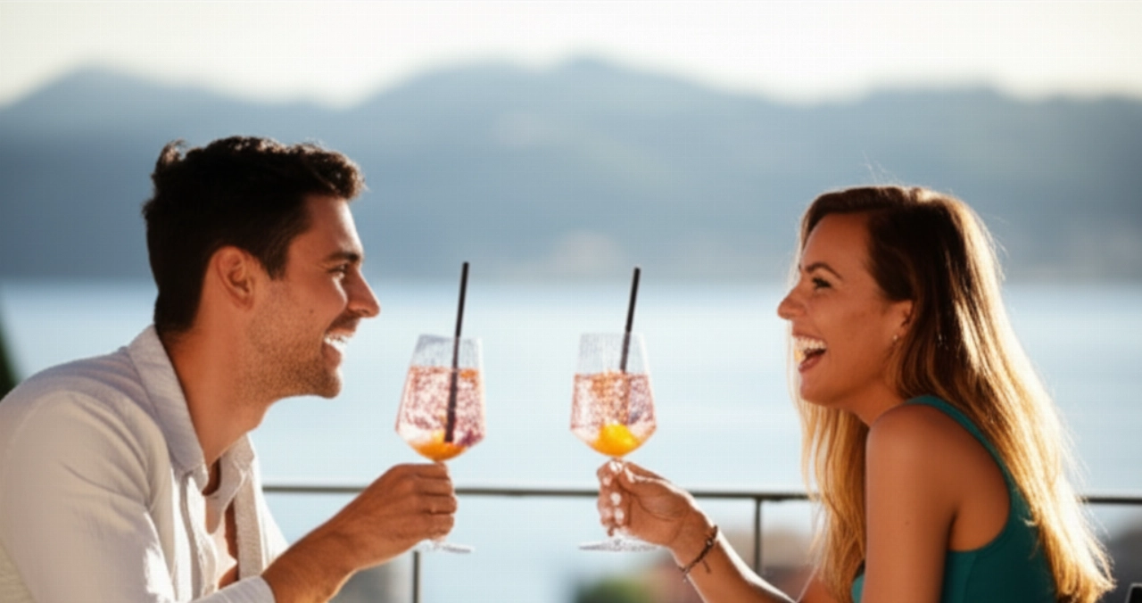Dos amigos caucásicos sonrientes brindan con Spritz Hugo en una terraza panorámica soleada, con una vista impresionante de fondo.