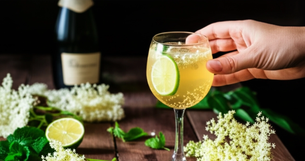 Una composición hiperrealista con una mano sosteniendo un vaso de Spritz Hugo, rodeado de ingredientes frescos como menta, lima y flor de saúco, sobre una mesa de madera.