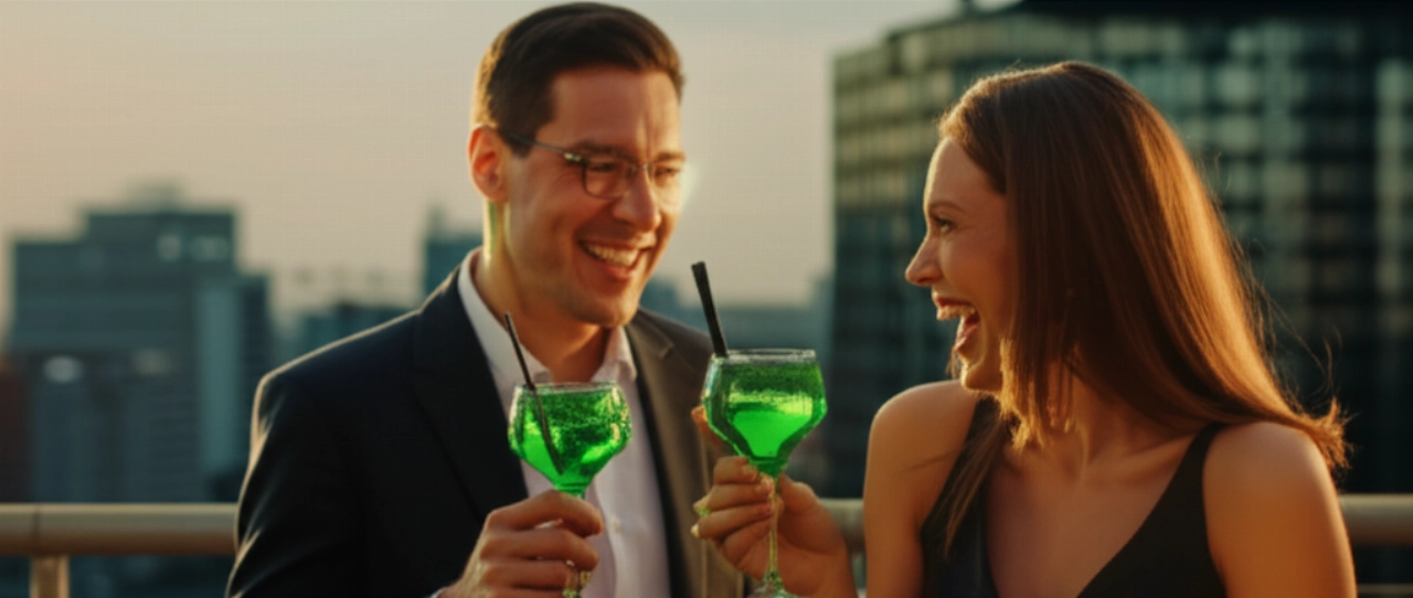 Due amici caucasici eleganti che ridono e brindano con Spritz Verde su una terrazza panoramica al tramonto, con lo skyline della città sullo sfondo.