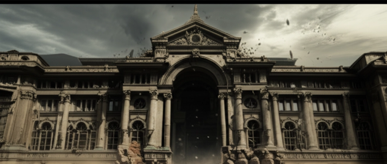 Majestätische Architekturfassade, die langsam unter einem stürmischen Sonnenuntergangshimmel zusammenbricht, mit einer kleinen kaukasischen Figur, die die Szene beobachtet.