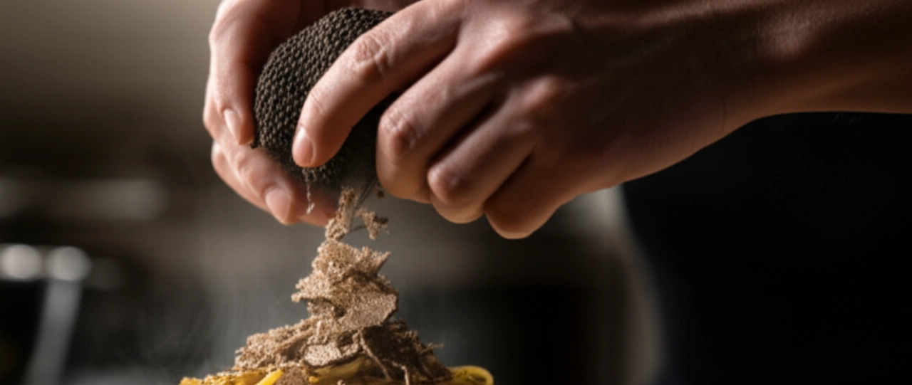 Mani caucasiche eleganti che grattugiano tartufo nero fresco su un piatto di Tajarin al Tartufo fumante, in una scena d'azione iperrealistica che enfatizza la preparazione.