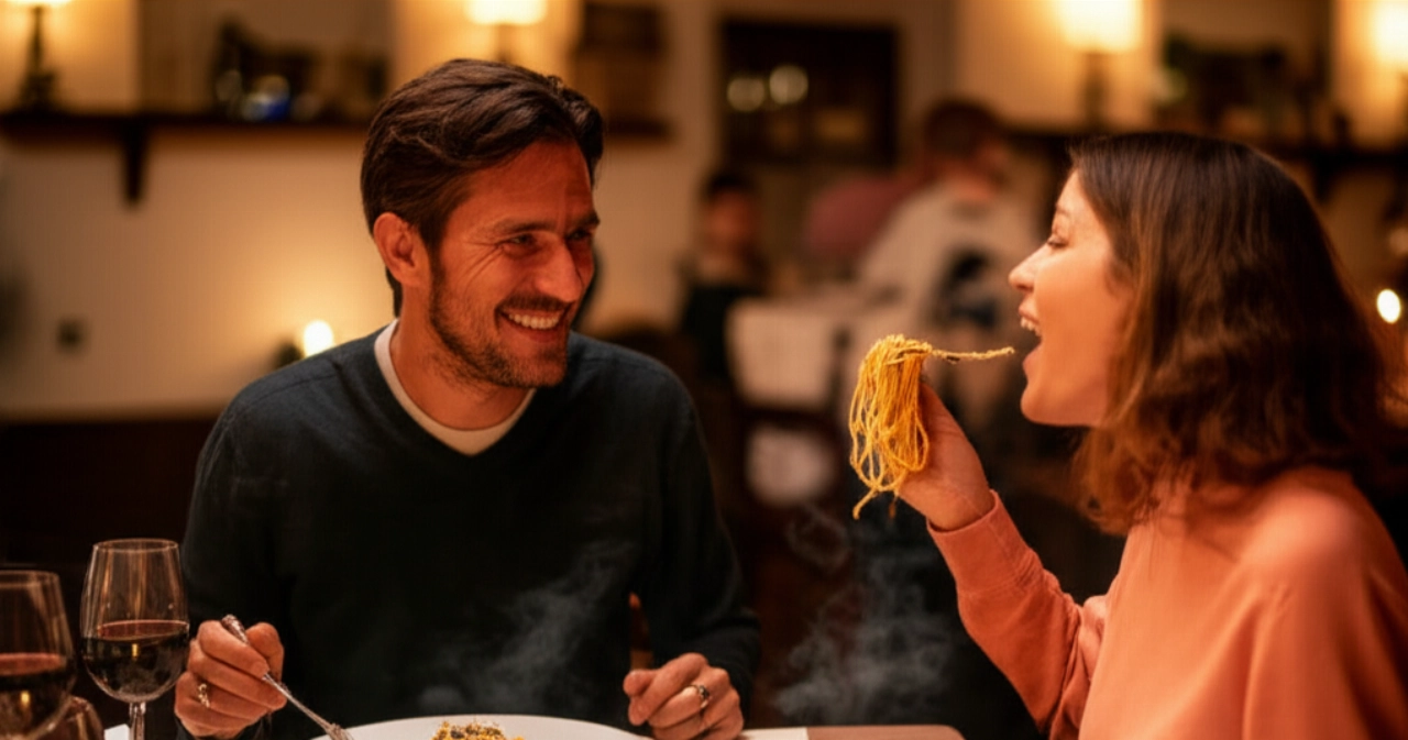 Coppia caucasica sorridente che gusta Tajarin al Tartufo in un'atmosfera intima e calda di una trattoria italiana, con piatti fumanti e calici di vino rosso.
