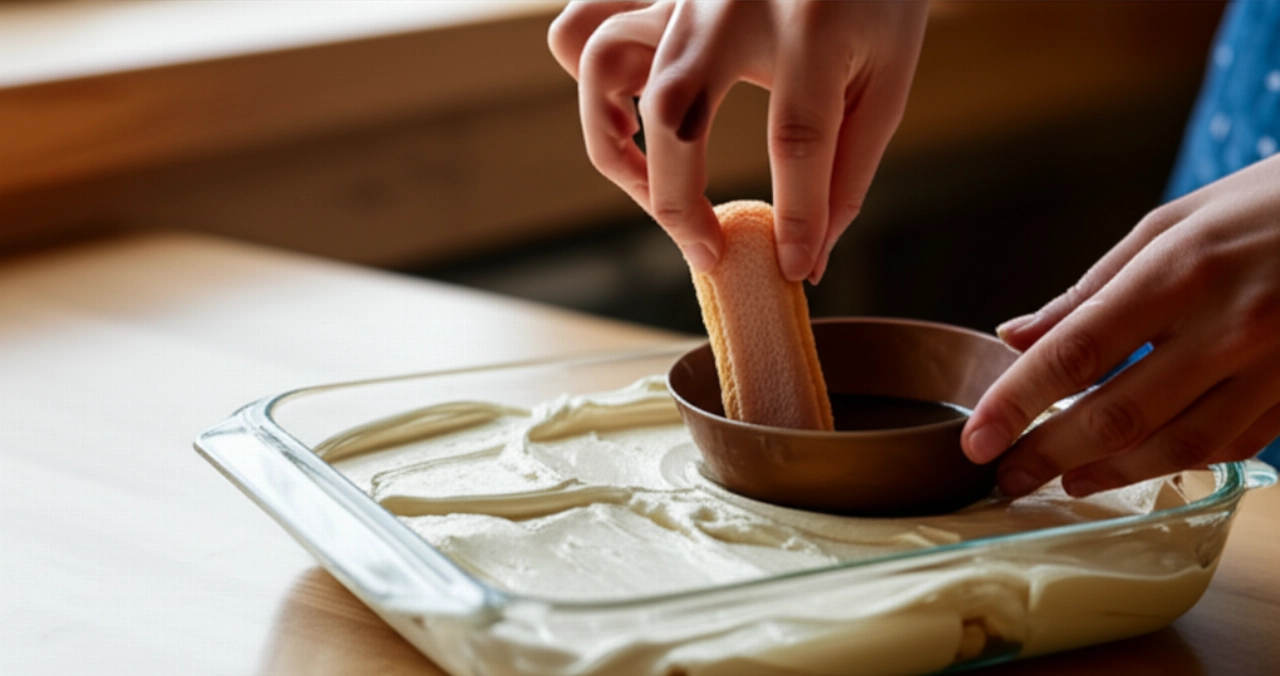 Détail hyperréaliste de mains caucasiennes préparant le tiramisu, une main trempant un biscuit à la cuillère dans le café et l'autre s'apprêtant à étaler la crème de mascarpone.