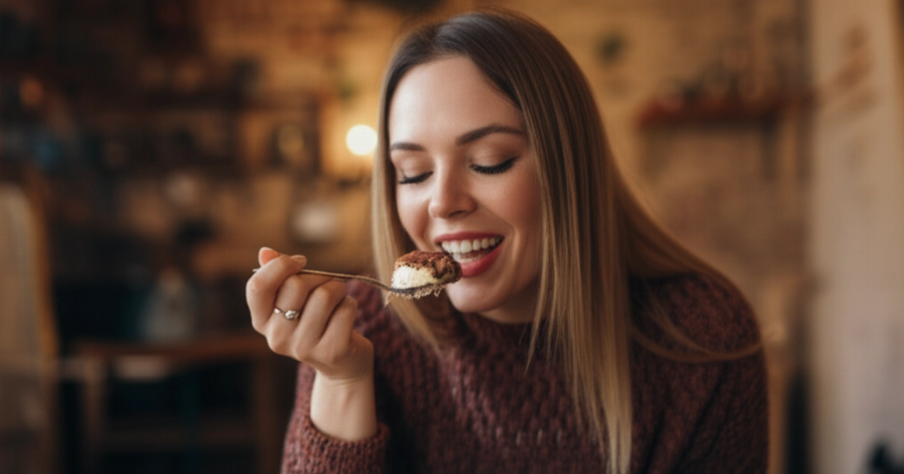 Image hyperréaliste d'une femme caucasienne d'environ 30 ans souriant en dégustant une portion de tiramisu avec une cuillère, assise à une table en bois dans un café chaleureux.