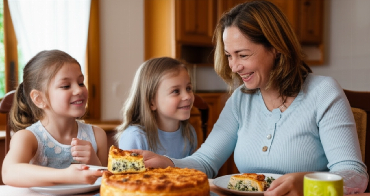 Una escena hiperrealista de una familia caucásica celebrando la Pascua, con una madre y su hija disfrutando de una Torta Pasqualina en el centro de la mesa.