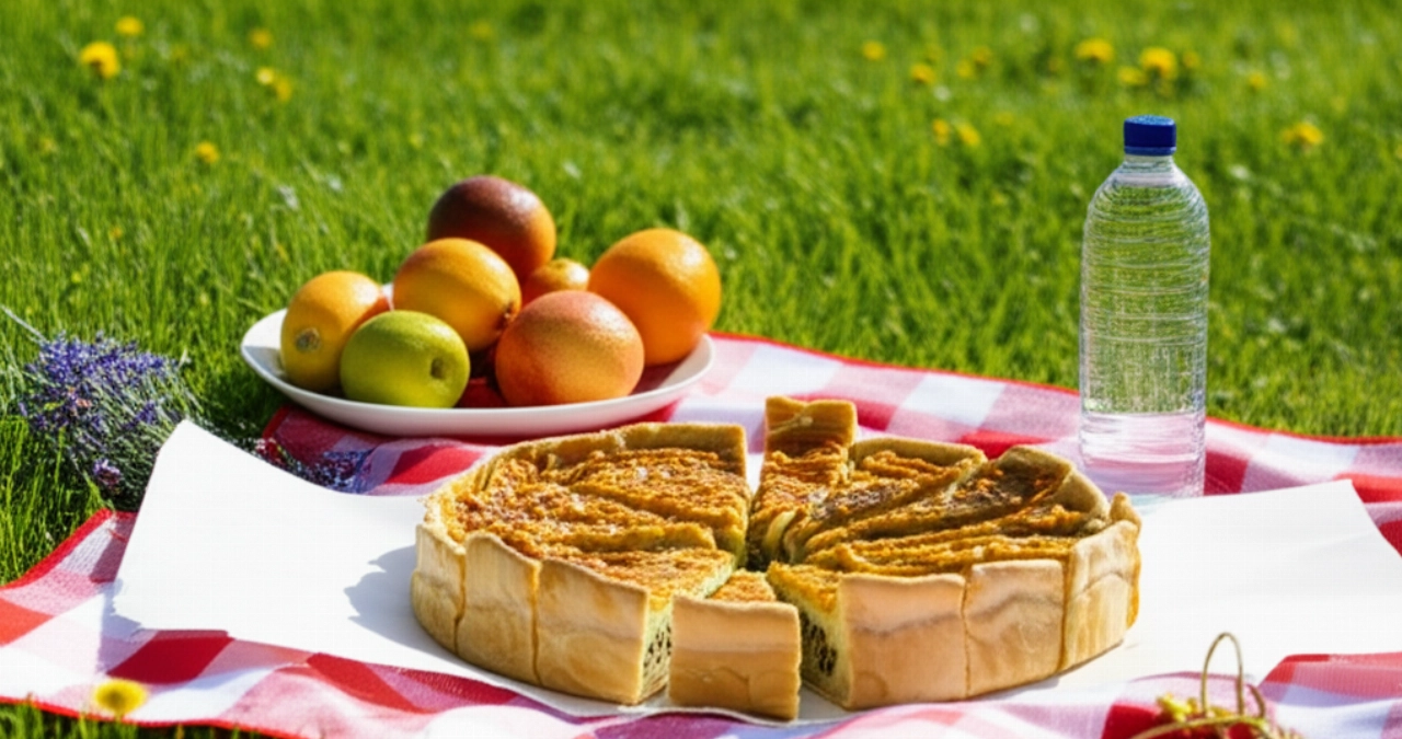 Una Torta Pasqualina hiperrealista como protagonista de un picnic primaveral al aire libre, colocada sobre una manta a cuadros en un prado verde y soleado.