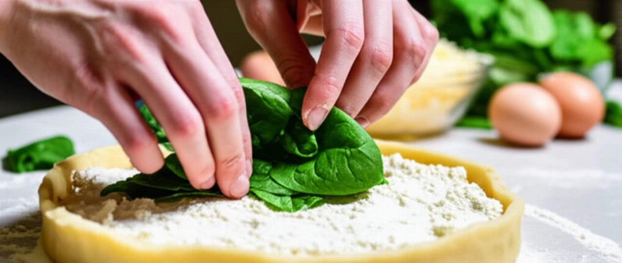Kaukasische Hände bereiten eine herzhafte Torte zu, indem sie frischen Spinat auf Ricotta in einer ungebackenen Tortenkruste anordnen.