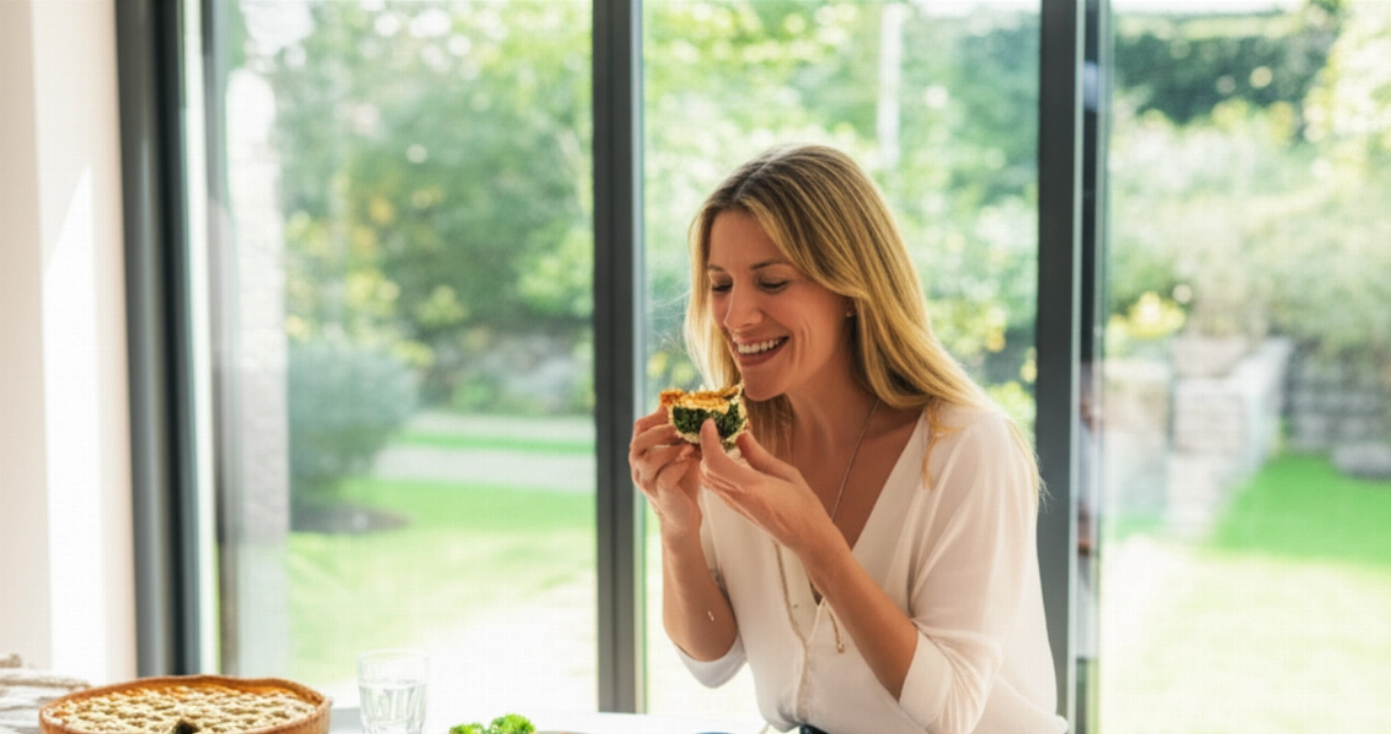 Eine lächelnde kaukasische Frau sitzt an einem Küchentisch, bereit, ein Stück Ricotta-Spinat-Quiche zu genießen.