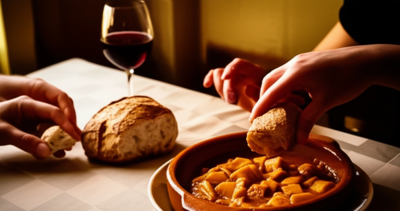 Scena iperrealistica di un pranzo romano con mani caucasiche che prendono il pane accanto a una ciotola di Trippa alla Romana e un bicchiere di vino rosso.