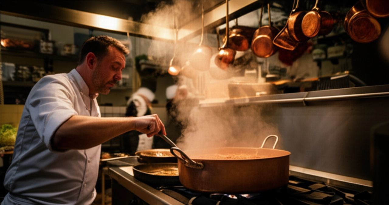 Scena iperrealistica e dinamica di una cucina di trattoria romana, con uno chef caucasico che prepara la Trippa alla Romana in una grande pentola di rame.