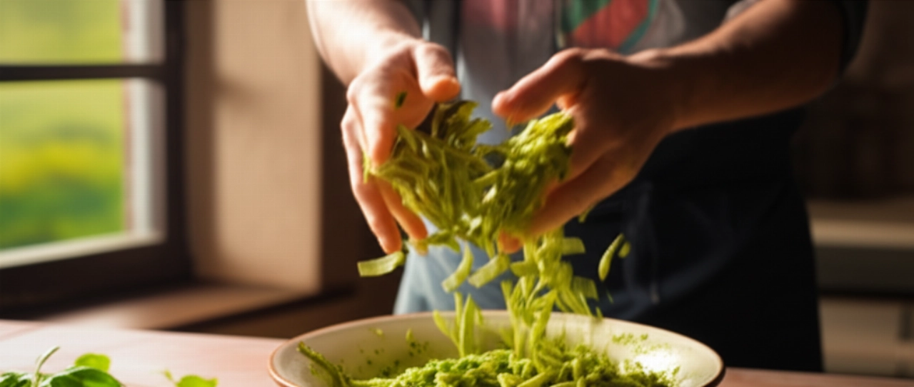 Caucasian hands mix freshly cooked trofie with vibrant green pesto in a ceramic bowl, in a rustic and sunny Italian kitchen.