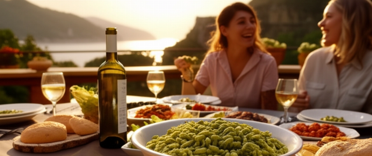 An outdoor Italian dining table on a sunny terrace overlooking the Ligurian coast, with a large plate of trofie al pesto in the center and two Caucasian people dining in the background.