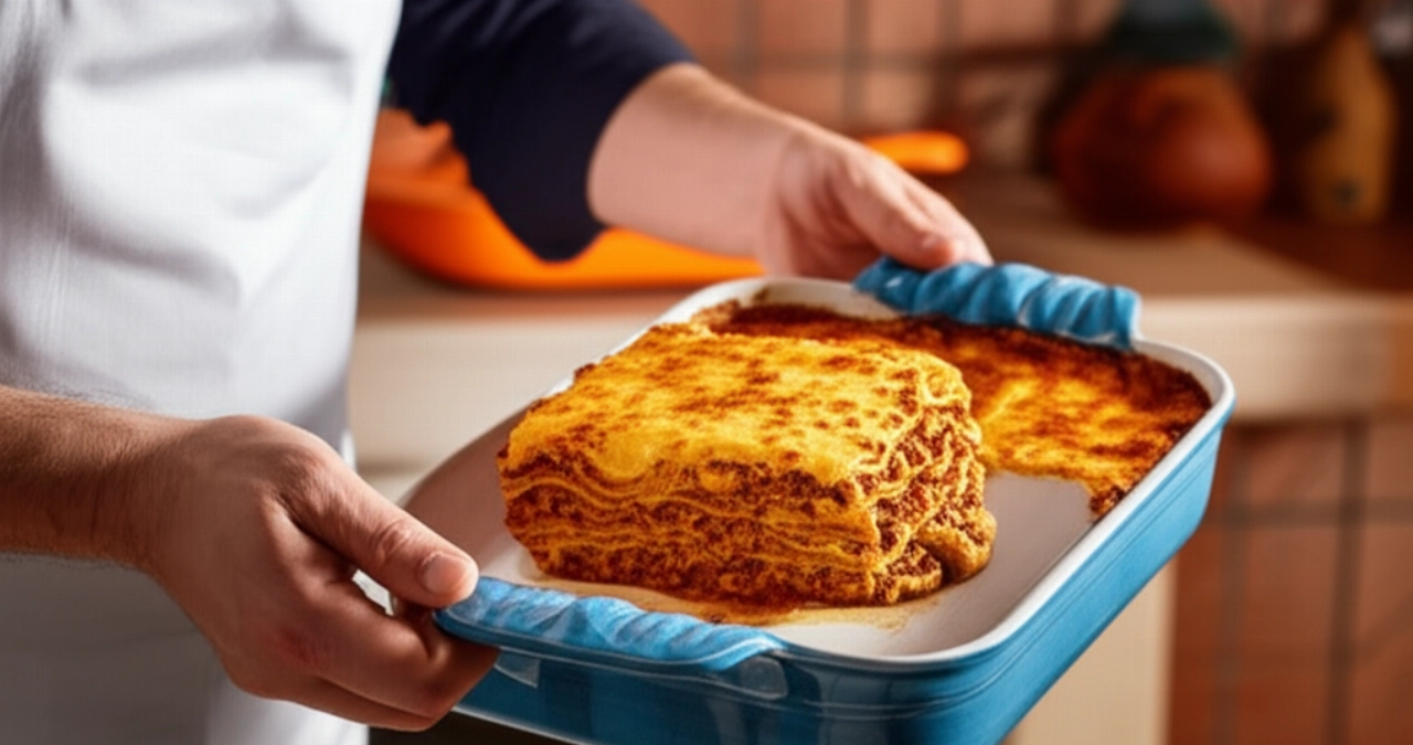 Руки кавказского шеф-повара, аккуратно порционирующие кусок Винчисграсси из формы для запекания, подчеркивая богатые слои блюда.