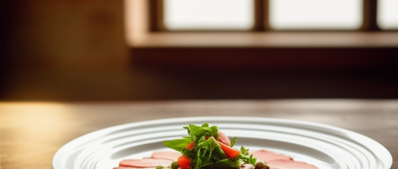 Vitello tonnato impiattato elegantemente su un tavolo di legno rustico, con uno sfondo sfocato che suggerisce un ambiente da trattoria italiana.