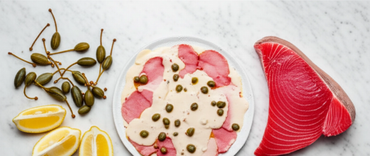 Composizione artistica iperrealistica di vitello tonnato dall'alto, affiancato da ingredienti freschi come capperi, limone e tonno, su una superficie chiara.